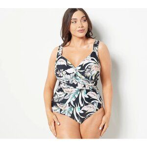 Jantzen Print Surplice Maillot One Piece Swimsuit Size 16 Black Cabana Beach NEW